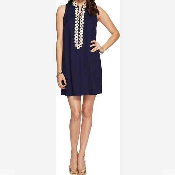 Lilly Pulitzer Womens 0 Dress Navy Blue Jane Shift Gold Embroidered Sleeveless - Picture 1 of 9